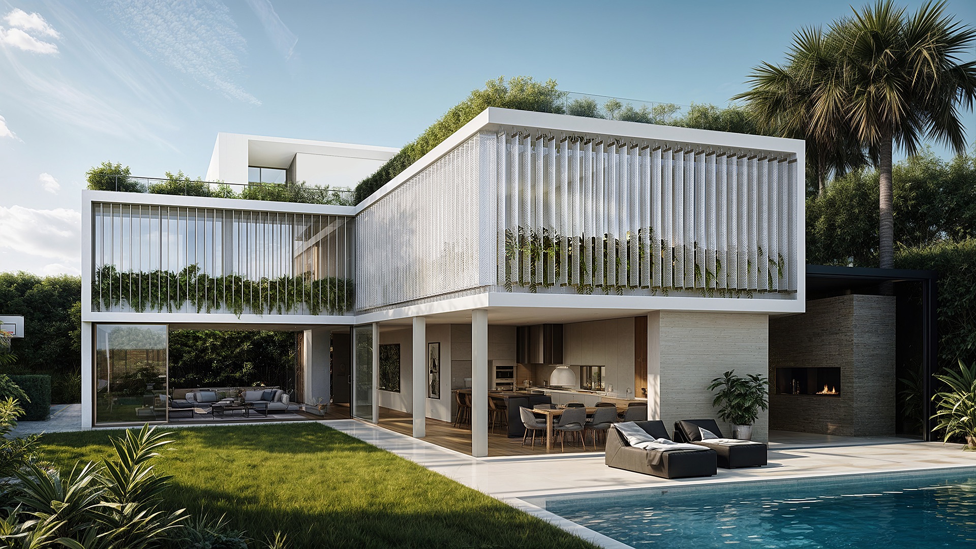 Fachada principal da Casa Hygge com piscina e jardim