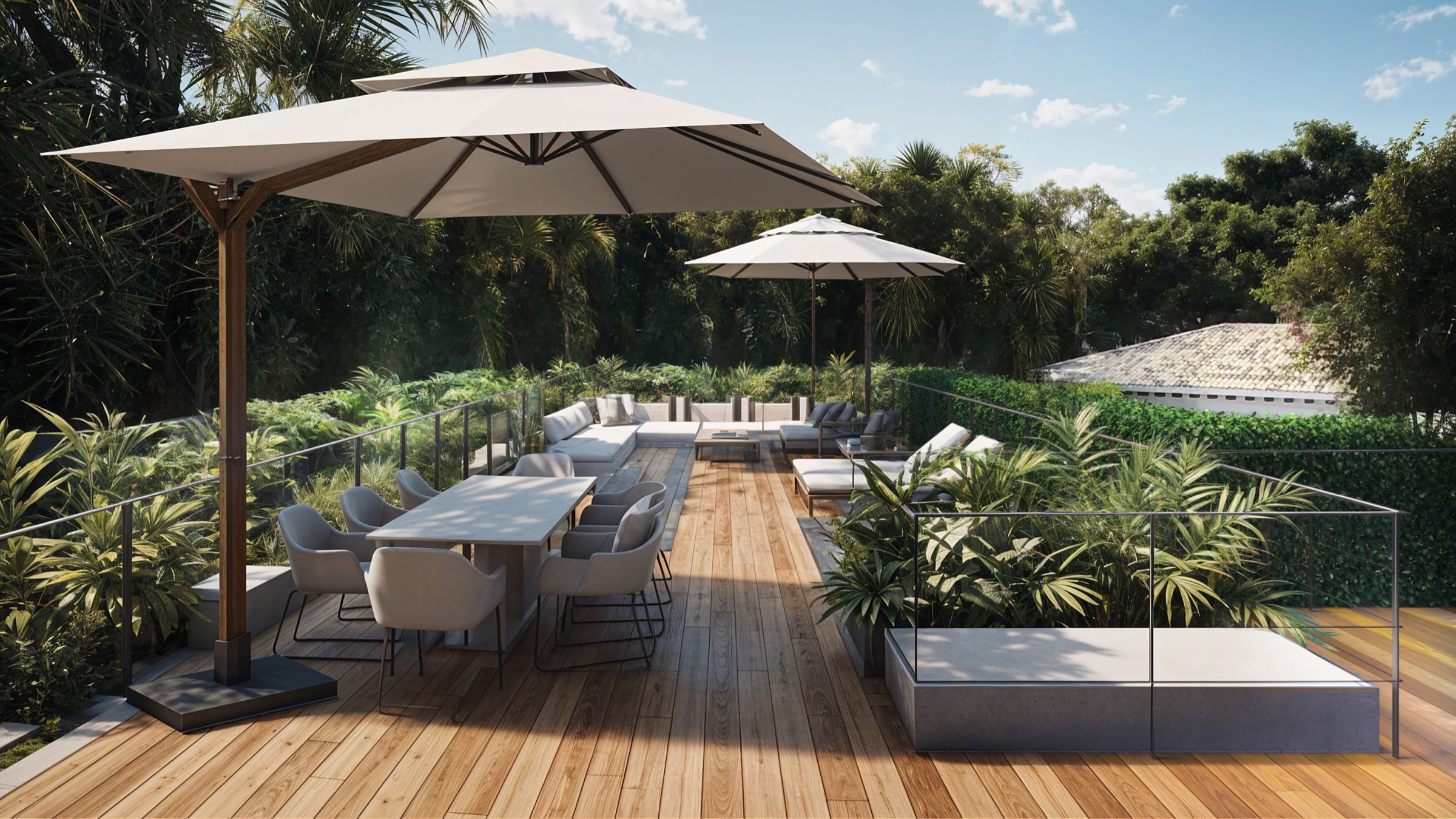 Rooftop com área de estar e vista para as árvores